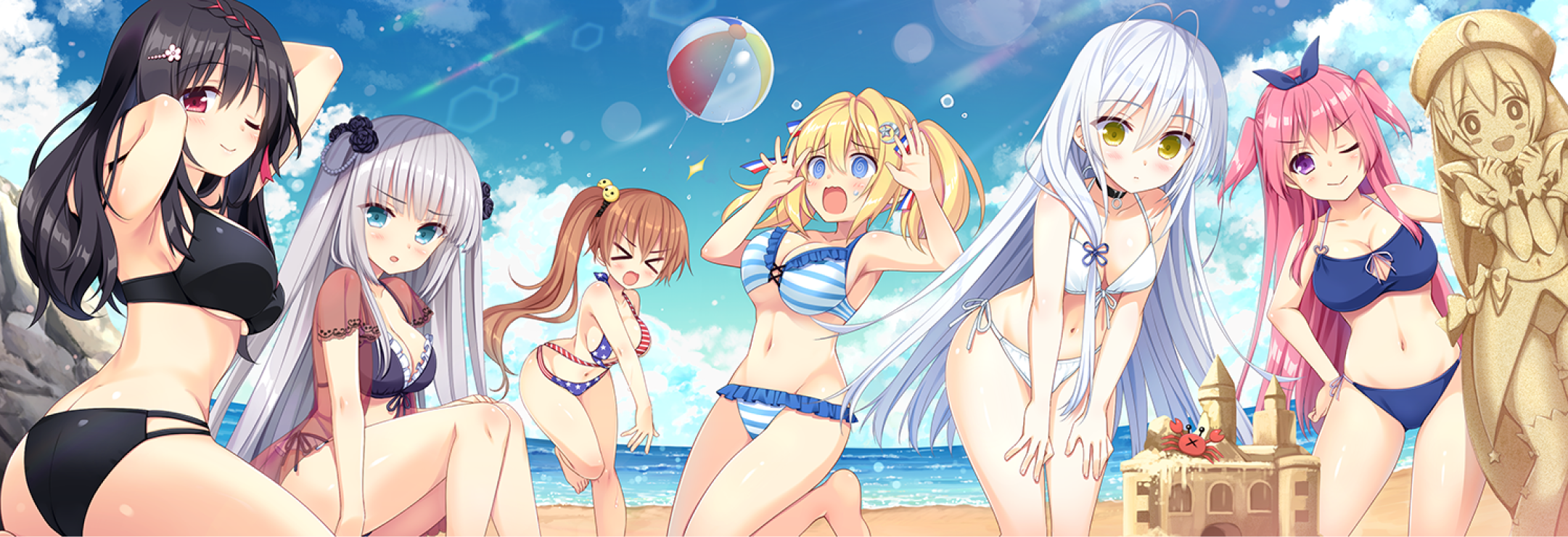 ビキニ姿で海辺で遊ぶ6人