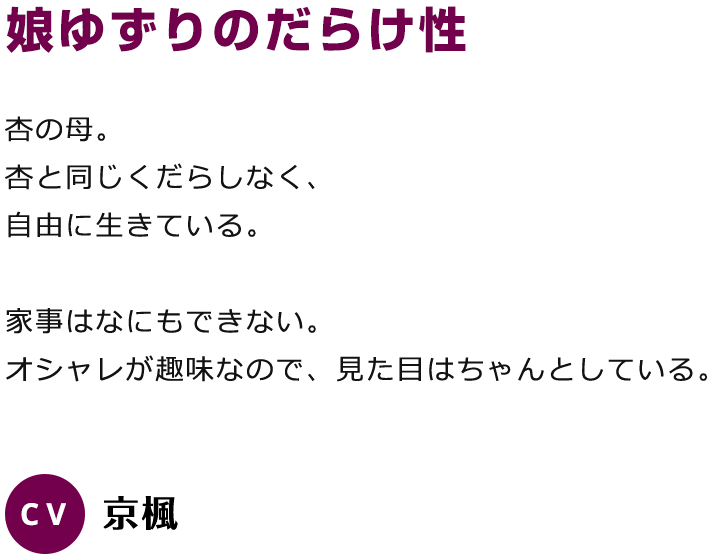 娘ゆずりのだらけ性 CV:京楓