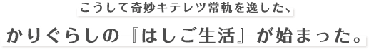 こうして奇妙キテレツ常軌を逸した、かりぐらしの『はしご生活』が始まった。